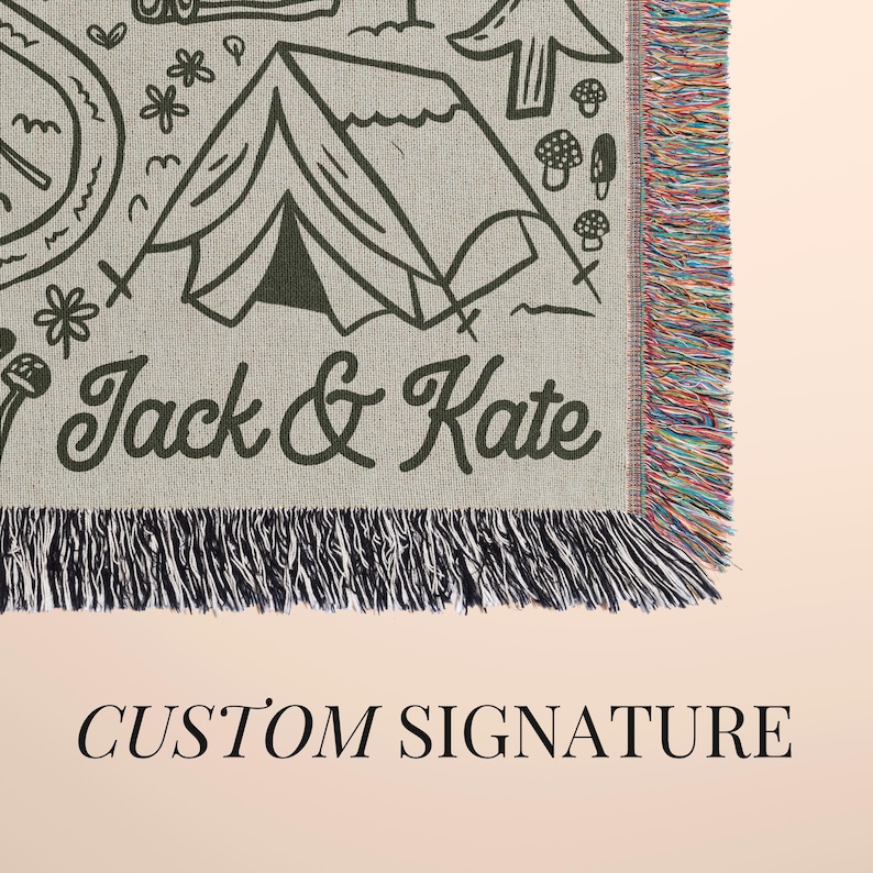 Cozy outdoor throw blanket with custom family or couple name, designed for camping couples and outdoor families—a keepsake for travel memories and outdoor escapes.