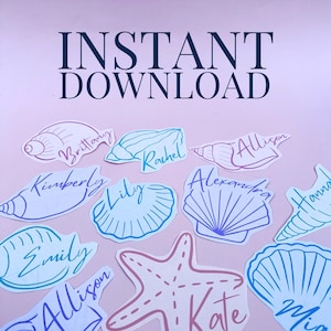 Printable Seashell Name Cards Coastal Bachelorette Place Card Seashell & Wedding Bell Table Decor Beach Themed Gift Tag Last Toast On Coast