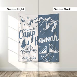 Glamping-style bachelorette party backdrop banner, custom-made for bridal camping trips and outdoor showers. Perfect for decorating tents, porches, or picnic setups during a Lake Tahoe or mountain weekend with the girls.