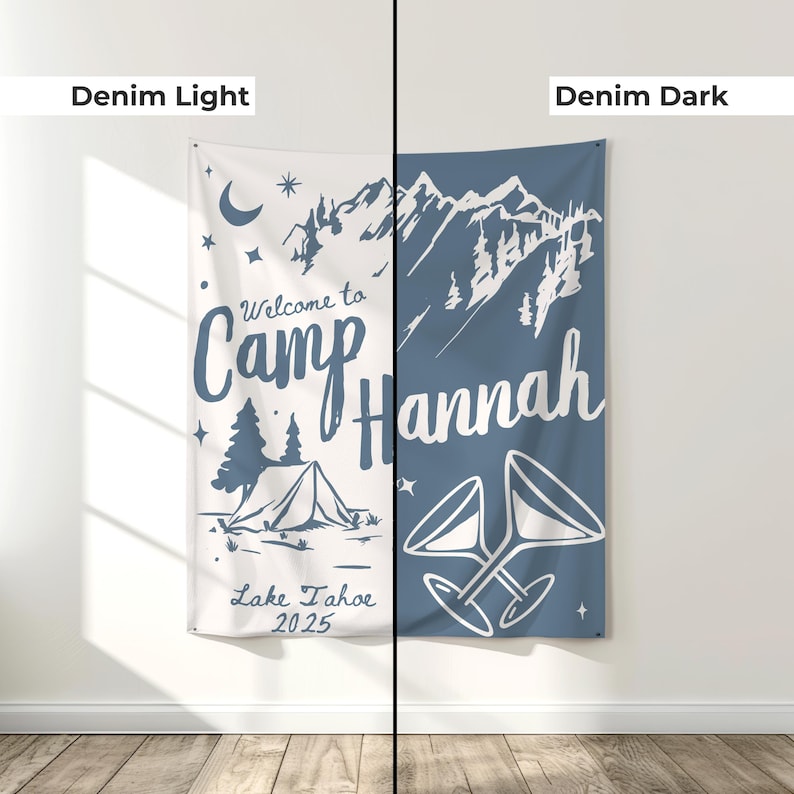 Glamping-style bachelorette party backdrop banner, custom-made for bridal camping trips and outdoor showers. Perfect for decorating tents, porches, or picnic setups during a Lake Tahoe or mountain weekend with the girls.