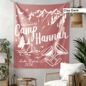 Large custom camp bachelorette banner with bride’s name, perfect for Last Trail or Tents and Toasts party themes. This unique sign adds a fun, outdoorsy touch to any forest, lake, or mountain bridal bash setting.