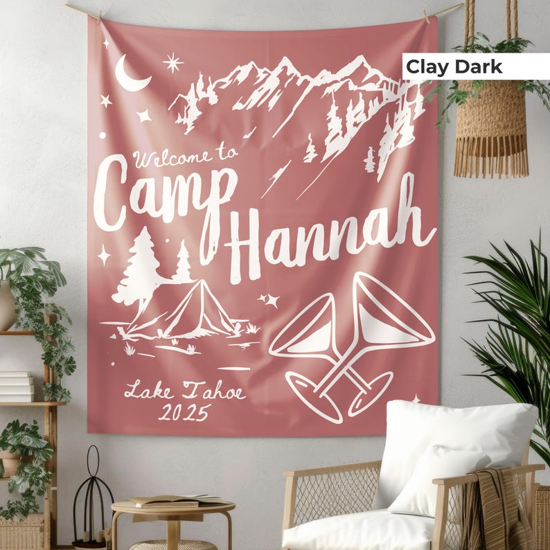 Large custom camp bachelorette banner with bride’s name, perfect for Last Trail or Tents and Toasts party themes. This unique sign adds a fun, outdoorsy touch to any forest, lake, or mountain bridal bash setting.