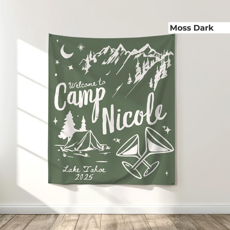 Durable and large camp bride tapestry sign, designed for outdoor bridal bash weekends. Use as a photo backdrop, tent decoration, or cabin banner to elevate your mountain bachelorette aesthetic.