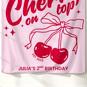 Trendy cheerry party decor, designed as a Cherry On Top banner for baby girl birthday or baby shower. Ideal photo backdrop for a coquette cherry party decor with pink or red cherry theme. An adorable tapestry banner for girl party decor, especially suited to coquette and girly aesthetics.