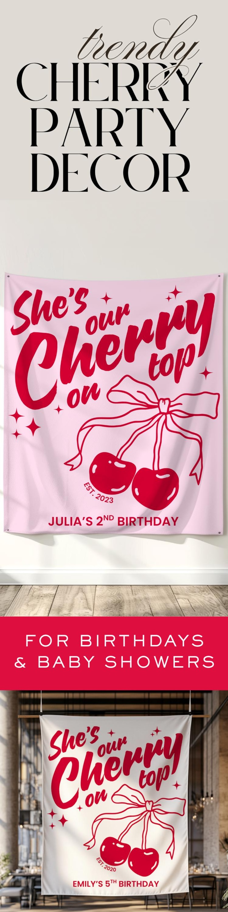 Trendy cheerry party decor, designed as a Cherry On Top banner for baby girl birthday or baby shower. Ideal photo backdrop for a coquette cherry party decor with pink or red cherry theme. An adorable tapestry banner for girl party decor, especially suited to coquette and girly aesthetics.