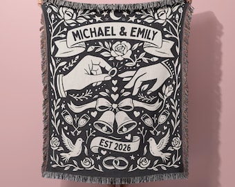 Custom Wedding Blanket Woven Throw for Couple Engagement Gift Boho Wedding Day Keepsake Blanket Personalized Anniversary Tapestry Folk Art
