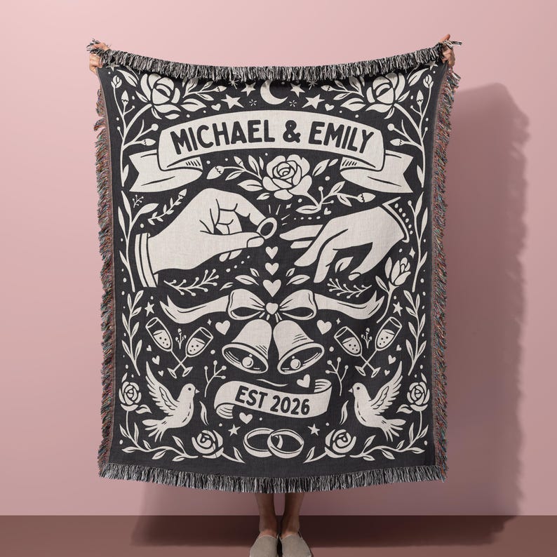 Custom Wedding Blanket Woven Throw for Couple Engagement Gift Boho Wedding Day Keepsake Blanket Personalized Anniversary Tapestry Folk Art