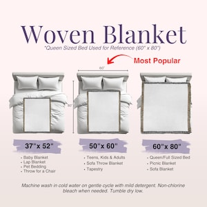 Size chart for customized cotton fringe throw blanket with customized design, ideal as an outdoor couple gift, a custom name family throw or a personalized gift for girlfriend.