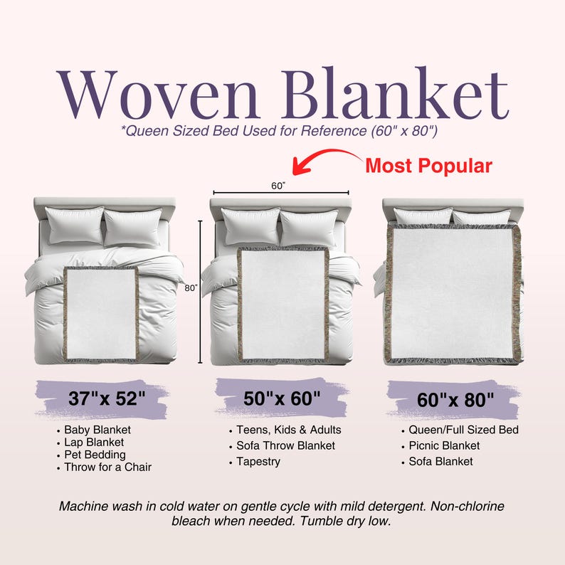 Size chart for customized cotton fringe throw blanket with customized design, ideal as an outdoor couple gift, a custom name family throw or a personalized gift for girlfriend.