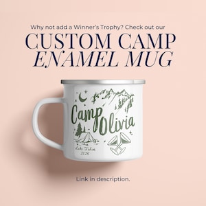 Camp Bach Enamel Mug, designed for outdoor bachelorette parties. Great as a bachelorette game gift for outdoor bridal parties.