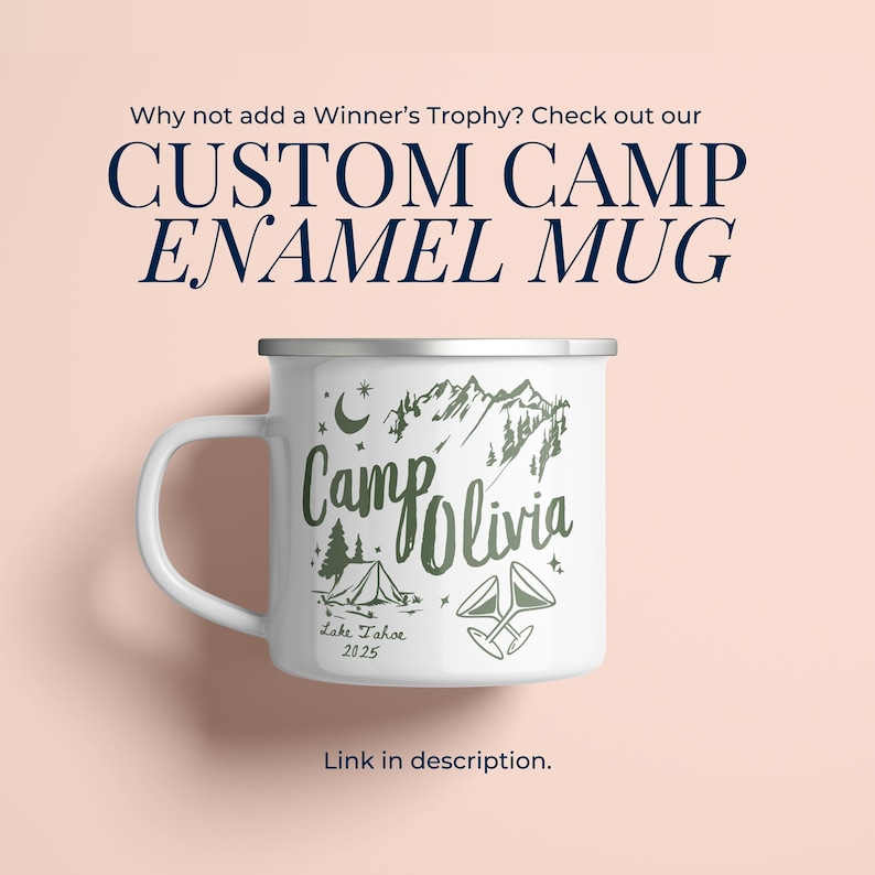 Camp Bach Enamel Mug, designed for outdoor bachelorette parties. Great as a bachelorette game gift for outdoor bridal parties.