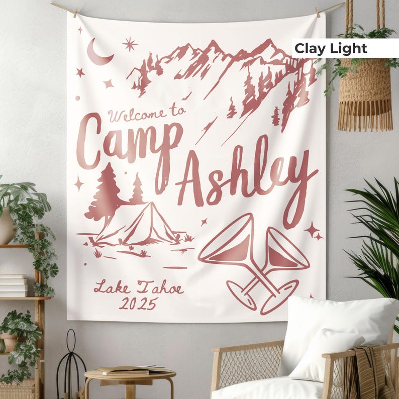 Personalized camp bride sign for glamping bachelorette parties and cabin weekend decor. Features customizable lettering in a large, eye-catching design—ideal for outdoor photo moments and campsite celebrations.