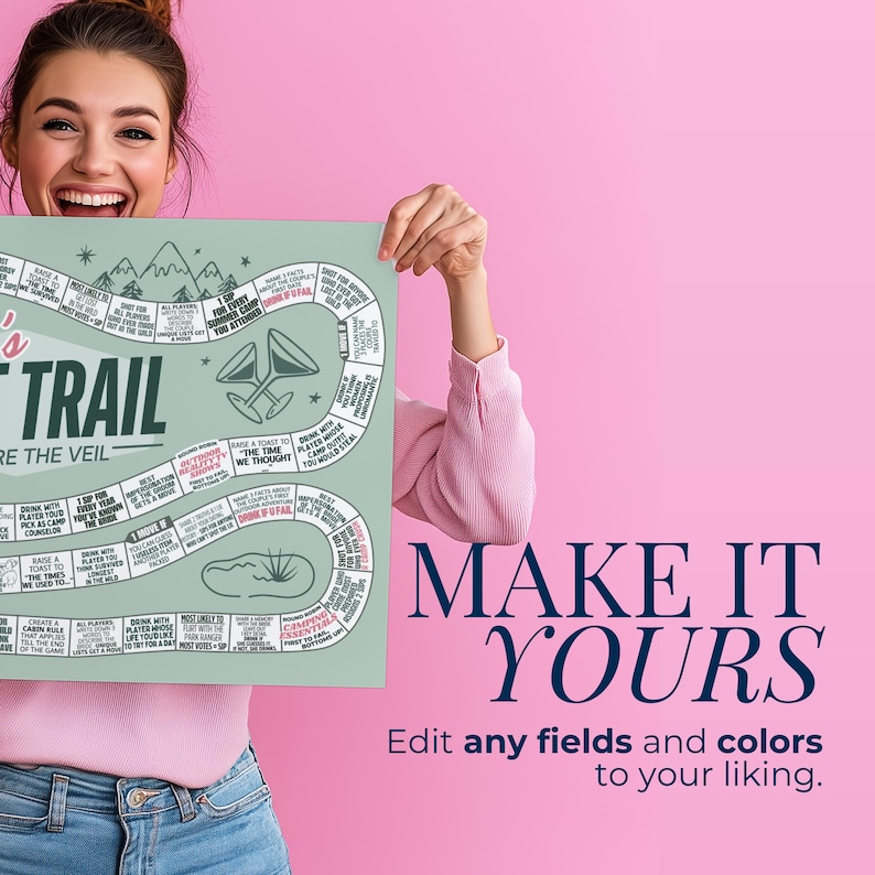 Girl holding a Printable custom Camp Bachelorette board game with editable features for a camp drinking game at a cabin hen party. This bridal weekend game is perfect for an outdoor bride celebration, lake bachelorette theme, or camp bride party idea.