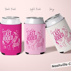 Personalized pink Nashville cowgirl can cooler for bachelorette parties, featuring Last Rodeo theme, perfect for a last rodeo celebration, cosmic cowgirl party, or Western-themed bridal shower; durable material to keep drinks cool, reusable and fun custom favor for bridesmaids.