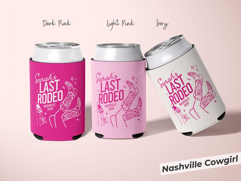 Personalized pink Nashville cowgirl can cooler for bachelorette parties, featuring Last Rodeo theme, perfect for a last rodeo celebration, cosmic cowgirl party, or Western-themed bridal shower; durable material to keep drinks cool, reusable and fun custom favor for bridesmaids.