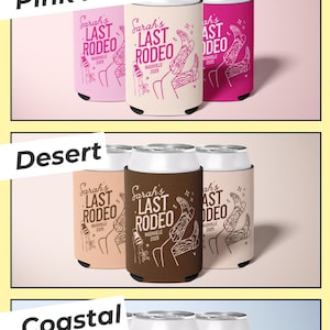 Which cowgirl bachelorette are you? Nashville bachelorette can coolers shown in pink pony, desert and coastal color themes for a cowgirl bach party. Personalized Last Rodeo Theme can cooler with bride name, Nashville destination and custom event year, perfect for a Nashville bach trip, western bachelorette weekend, cowgirl bridal shower, matching bachelorette party favors, bridesmaid drink accessories and themed Nashville girls trip gifts.
