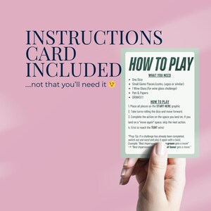 Hand holding instruction card for Editable custom board game for a Camp Bachelorette theme, featuring a personalized drinking game layout for a bridal weekend getaway. Perfect as a funny gift for bride, lake bachelorette party activity, or cabin hen party entertainment.