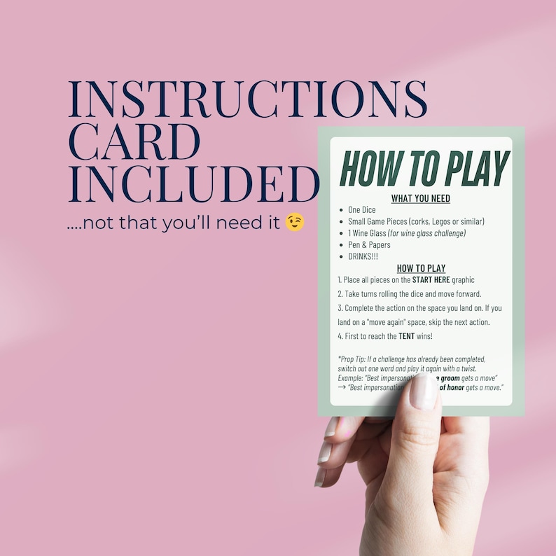 Hand holding instruction card for Editable custom board game for a Camp Bachelorette theme, featuring a personalized drinking game layout for a bridal weekend getaway. Perfect as a funny gift for bride, lake bachelorette party activity, or cabin hen party entertainment.
