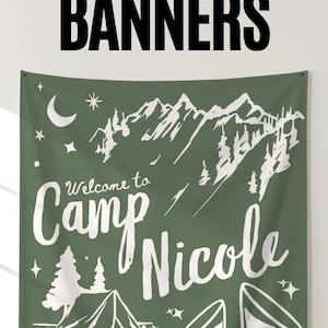 Customized “Camp Bride” banner, ideal as a camp bachelorette backdrop for forest, lakeside, or mountain bachelorette parties. Easily hangs as a bold outdoor decoration or cozy cabin backdrop.