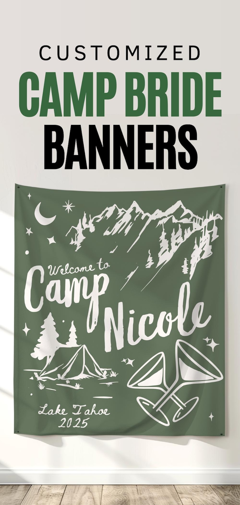 Customized “Camp Bride” banner, ideal as a camp bachelorette backdrop for forest, lakeside, or mountain bachelorette parties. Easily hangs as a bold outdoor decoration or cozy cabin backdrop.