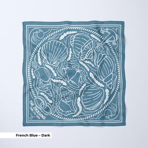 A French Blue custom bride head scarf designed for a beach wedding, featuring seashell illustrations and personalized text, perfect as a bridesmaid scarf or bulk wedding favor, offering a versatile accessory for bridal parties, rehearsal dinners, or seaside celebrations.