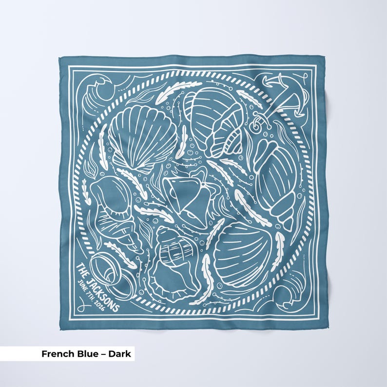 A French Blue custom bride head scarf designed for a beach wedding, featuring seashell illustrations and personalized text, perfect as a bridesmaid scarf or bulk wedding favor, offering a versatile accessory for bridal parties, rehearsal dinners, or seaside celebrations.