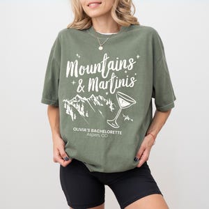 Custom Mountain Bachelorette Shirt Mountain And Martini Bachelorette Outfit Aspen Girls Trip Tee Personalized Cabin Bridal Shower T-Shirt