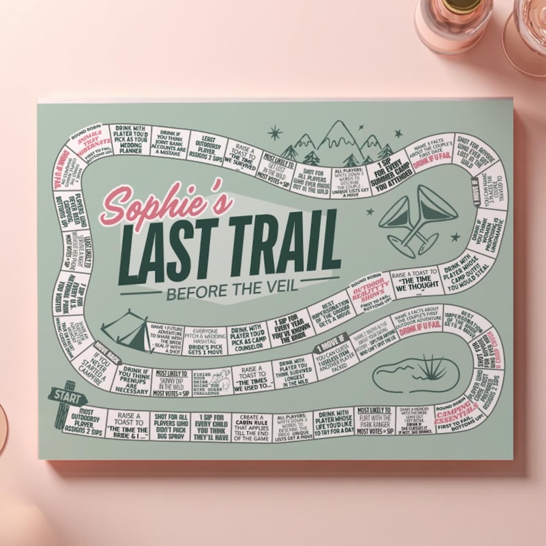 Camp Bride themed printable board game featuring an editable layout for a custom drinking game at a bridal weekend getaway. Perfect for a cabin hen party, outdoor bridal shower activity, or lake bachelorette bash, this customizable party game adds fun and laughter to the bride’s last trail before the veil.