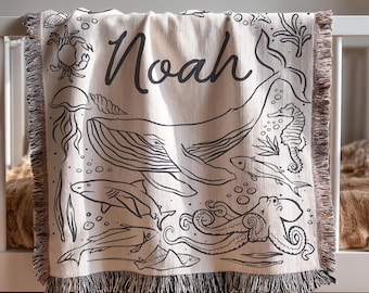 Custom Ocean Baby Blanket With Sea Animal Nursery Decor Nautical Throw with Baby Name Keepsake Gift Baby Shower Under The Sea Crib Blanket
