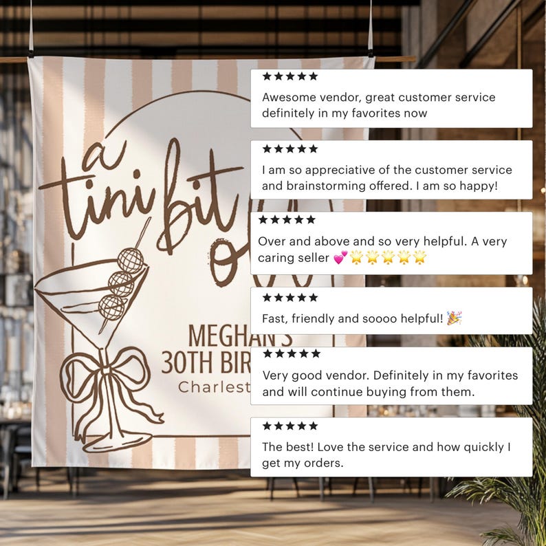 Large welcome tapestry for a martini-themed birthday, reading ‘Tini Bit Older’ in bold letters. Customizable for any age, this cocktail-themed banner is a festive addition to 30th birthday party decor or girls’ night celebrations.