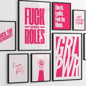 Girl Power Poster Set Bold Wall Art Decor Inspirational Feminist Quote Bundle Trendy Teen Girl Room Decor Hot Pink Girl Dorm Gallery Wall
