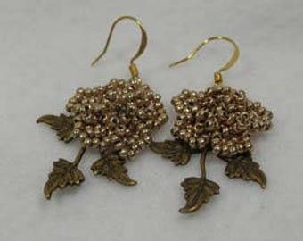 SALE Brassy Beadwoven Rose Earrings with Vintage Brass Leaves