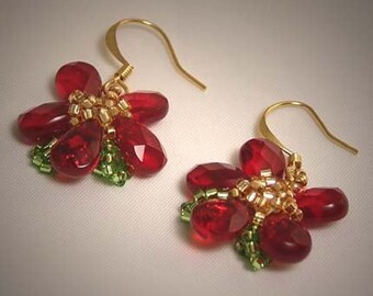 SALE Beadwoven Red Glass Briolette Flower Earrings