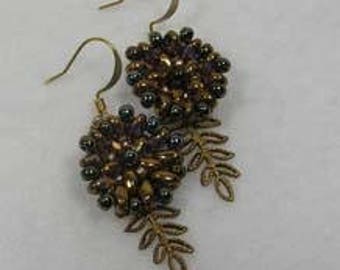 SALE Brassy Beadwoven Flower Earrings with Vintage Brass Leaves