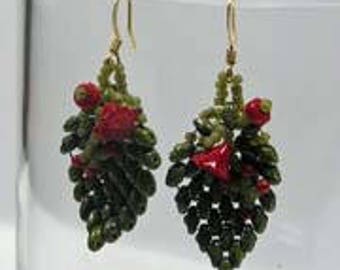 SALE Beadwoven Leaf and Coral Flowers Earrings