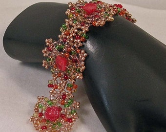 Beadwoven Coral Flower Medallion Bracelet