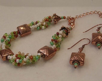 Spiraling Seed Bead and Solid Copper Bracelet and Earring Set