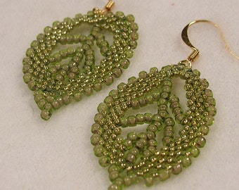 SALE Beadwoven Olive Green Leaf Earrings