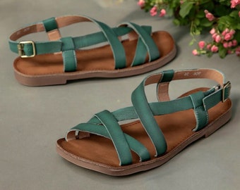 Leder Strappy Barfuß Sandalen, Slip-on Schuhe, Frau Sandalen, flache Schuhe, Hausschuhe