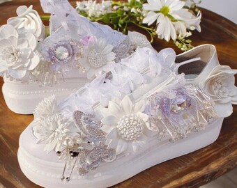 Baskets de mariage, baskets de mariée, baskets de mariage pour la mariée, baskets à fleurs, chaussures plates de mariage, seakers blancs pour femme, baskets pour femme