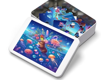 May include: A white rectangular puzzle box with a colorful illustration of a beaver holding a gem, surrounded by crystals, flowers, and jellyfish. The box is open, revealing puzzle pieces inside.