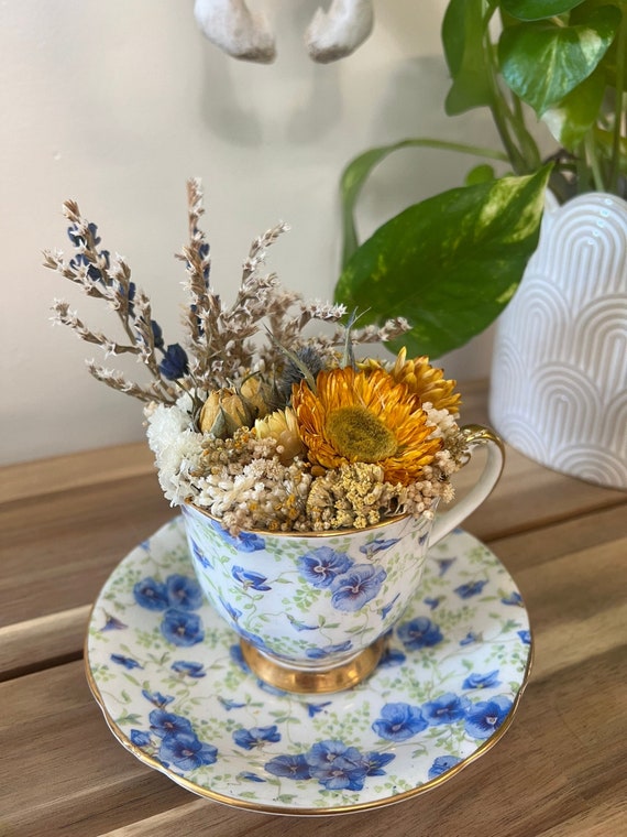 Yellow and Blue Vintage Tea Cup Dried Floral Arrangement - Gift