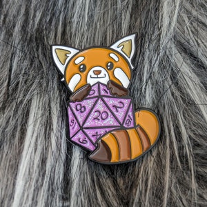 Red Panda holding a d20 pin!  pin, red panda, d20, dice, geek, gaming