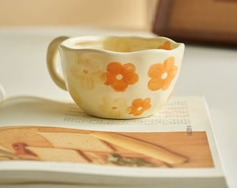 Handbemalte Blumen-Keramikbecher für Kaffee, Tee, Frühstück, Kaffeebecher, Bürogeschenke, Vergissmeinnicht-Blumenbecher