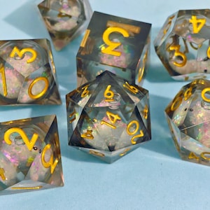 Black Resin dice set for gift, Liquid core dice set for role playing games, Galaxy d&d dice set, Full sharp edge dice set liquid core