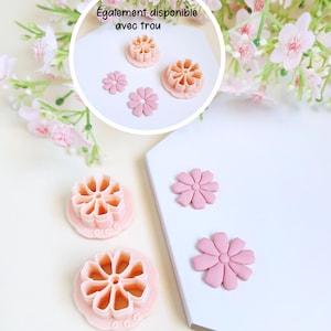 Puede incluir: Cortadores de galletas con forma de flor rosa y decoraciones de fondant con forma de flor. Los cortadores son de color rosa claro con un diseño floral detallado. Las decoraciones de fondant son de un tono rosa más oscuro. El texto dice "Également disponible avec trou".