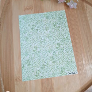 Könnte beinhalten: Ein grünes und weißes gemustertes Papier mit einem Blattdesign. Das Papier trägt den Text "CamClayCo" in der rechten unteren Ecke.
