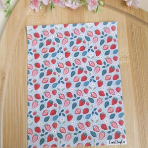 May include: A sheet of blue patterned paper with a repeating design of red strawberries, green leaves, and white flowers. The paper has the text "CamClayCo" in the bottom right corner.