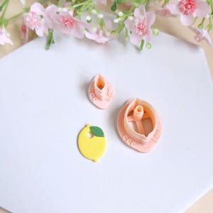 Könnte beinhalten: Drei rosafarbene Plastik-Ausstecher, einer in Form einer Zitrone mit einem grünen Blatt, einer in Form einer halben Zitrone und einer in Form einer Zitronenscheibe. Die Ausstecher befinden sich auf einer weißen Oberfläche.