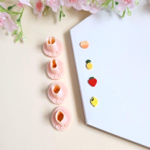 Peut inclure: Quatre moules en silicone rose avec un design circulaire. Les moules sont disposés verticalement. À droite des moules se trouvent cinq petits charmes de fruits en pâte polymère colorés : une pêche, un ananas, une fraise, un citron et un citron vert.